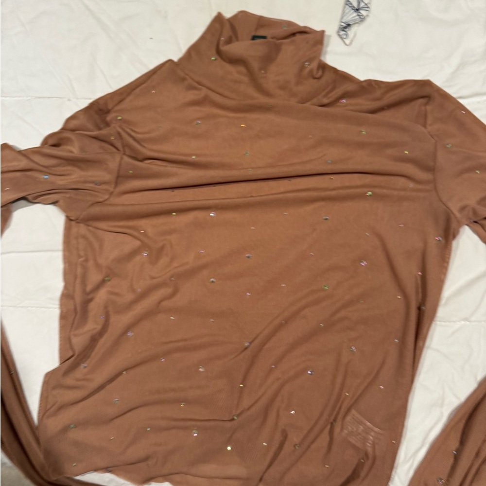 Brown Turtleneck Mesh Top with Rhinestone Accents